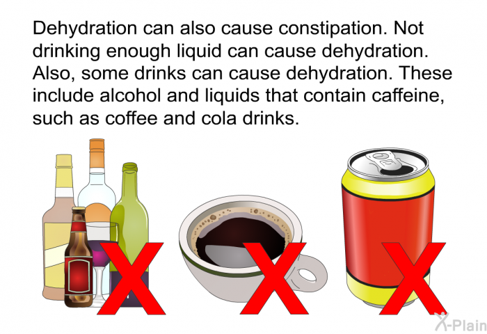 Dehydration can also cause constipation. Not drinking enough liquid can cause dehydration. Also, some drinks can cause dehydration. These include alcohol and liquids that contain caffeine, such as coffee and cola drinks.