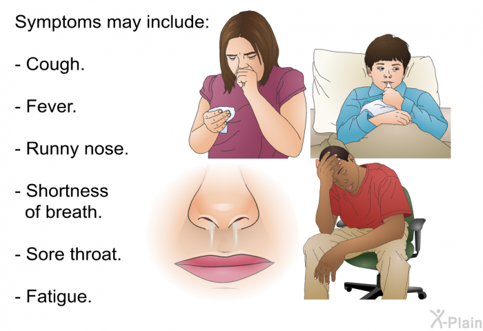 Symptoms may include:  Cough. Fever. Runny nose. Shortness of breath. Sore throat. Fatigue.