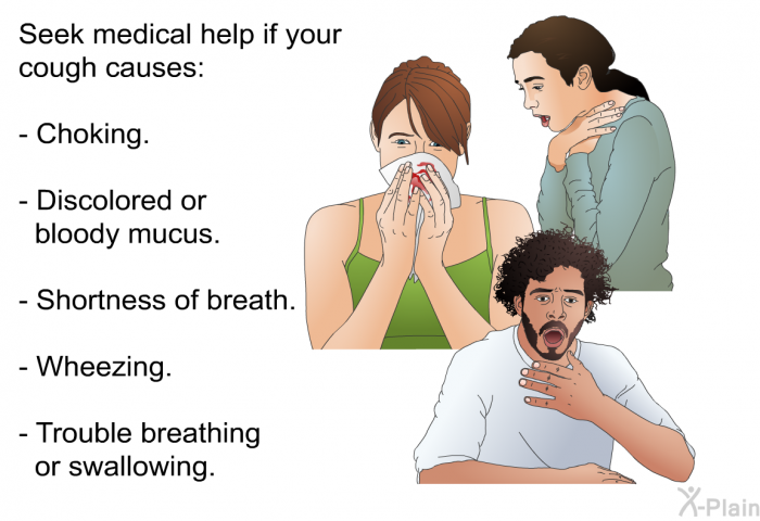 Seek medical help if your cough causes:  Choking. Discolored or bloody mucus. Shortness of breath. Wheezing. Trouble breathing or swallowing.