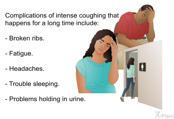 Complications of intense coughing that happens for a long time include:  Broken ribs. Fatigue. Headaches. Trouble sleeping. Problems holding in urine.