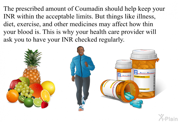 The prescribed amount of Coumadin should help keep your INR within the acceptable limits. But things like illness, diet, exercise, and other medicines may affect how thin your blood is. This is why your health care provider will ask you to have your INR checked regularly.