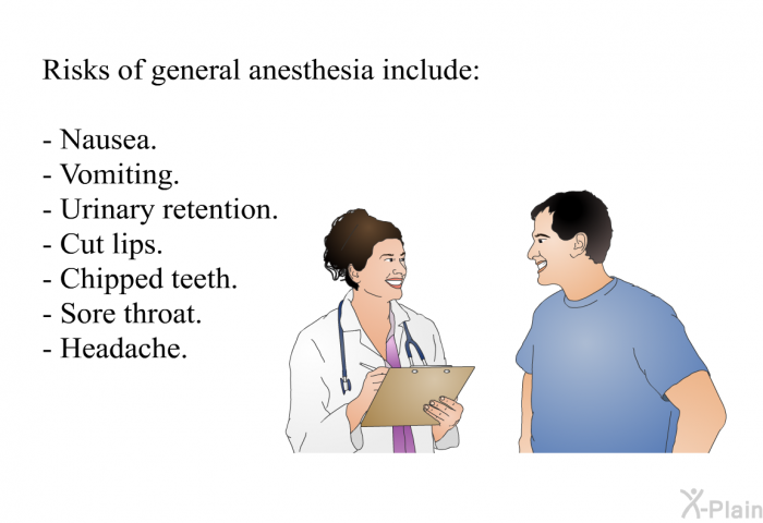 Risks of general anesthesia include:  Nausea. Vomiting. Urinary retention. Cut lips. Chipped teeth. Sore throat. Headache.