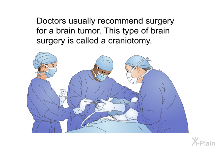 Doctors usually recommend surgery for a brain tumor. This type of brain surgery is called a craniotomy.