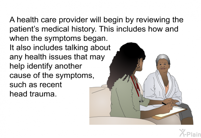 A health care provider will begin by reviewing the patient’s medical history. This includes how and when the symptoms began. It also includes talking about any health issues that may help identify another cause of the symptoms, such as recent head trauma.