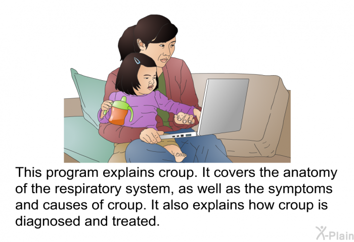 This health information explains croup. It covers the anatomy of the respiratory system, as well as the symptoms and causes of croup. It also explains how croup is diagnosed and treated.