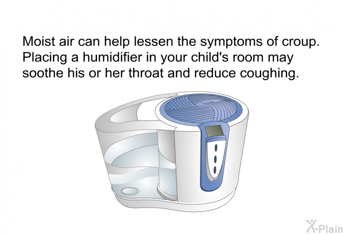 Moist air can help lessen the symptoms of croup. Placing a humidifier in your child's room may soothe his or her throat and reduce coughing.