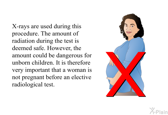X-rays are used during this procedure. The amount of radiation during the test is deemed safe. However, the amount could be dangerous for unborn children. It is therefore very important that a woman is not pregnant before an elective radiological test.