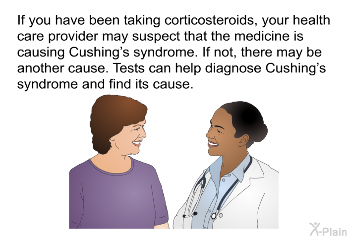 If you have been taking corticosteroids, your health care provider may suspect that the medicine is causing Cushing's syndrome. If not, there may be another cause. Tests can help diagnose Cushing's syndrome and find its cause.
