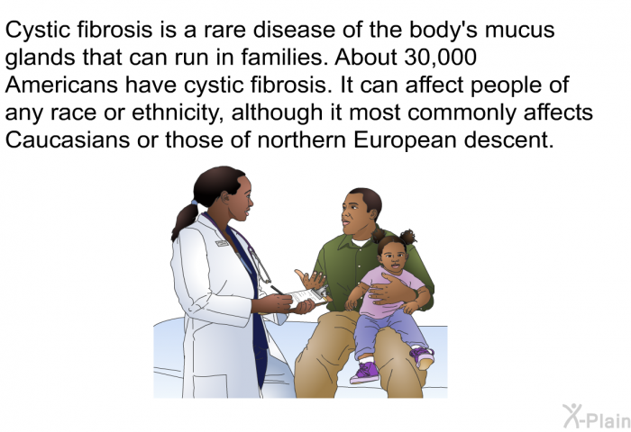 Cystic fibrosis is a rare disease of the body's mucus glands that can run in families. About 30,000 Americans have cystic fibrosis. It can affect people of any race or ethnicity, although it most commonly affects Caucasians or those of northern European descent.