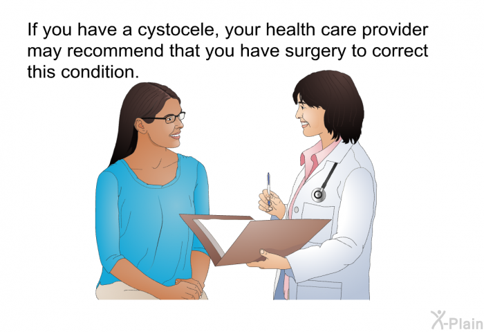 If you have a cystocele, your health care provider may recommend that you have surgery to correct this condition.