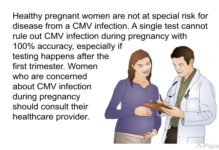 Healthy pregnant women are not at special risk for disease from a CMV infection. A single test cannot rule out CMV infection during pregnancy with 100% accuracy, especially if testing happens after the first trimester. Women who are concerned about CMV infection during pregnancy should consult their healthcare provider.