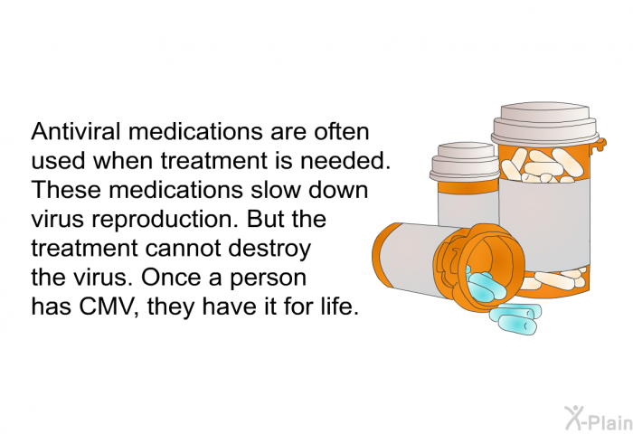 Antiviral medications are often used when treatment is needed. These medications slow down virus reproduction. But the treatment cannot destroy the virus. Once a person has CMV, they have it for life.