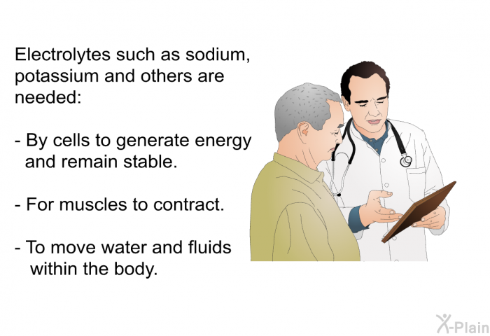 Electrolytes such as sodium, potassium and others are needed:  By cells to generate energy and remain stable. For muscles to contract. To move water and fluids within the body.