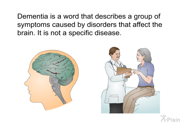 Dementia is a word that describes a group of symptoms caused by disorders that affect the brain. It is not a specific disease.