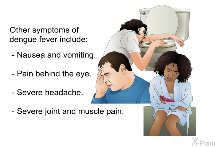 Other symptoms of dengue fever include:  Nausea and vomiting. Pain behind the eye. Severe headache. Severe joint and muscle pain.