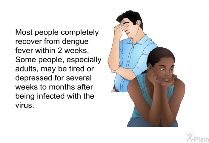 Most people completely recover from dengue fever within 2 weeks. Some people, especially adults, may be tired or depressed for several weeks to months after being infected with the virus.