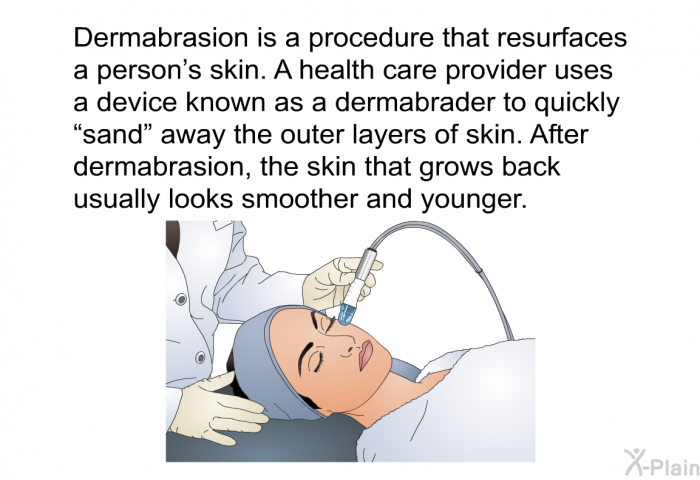 Dermabrasion is a procedure that resurfaces a person's skin. A health care provider uses a device known as a dermabrader to quickly “sand” away the outer layers of skin. After dermabrasion, the skin that grows back usually looks smoother and younger.