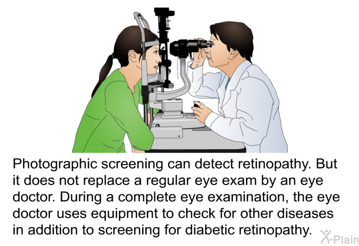 Photographic screening can detect retinopathy. But it does not replace a regular eye exam by an eye doctor. During a complete eye examination, the eye doctor uses equipment to check for other diseases in addition to screening for diabetic retinopathy.