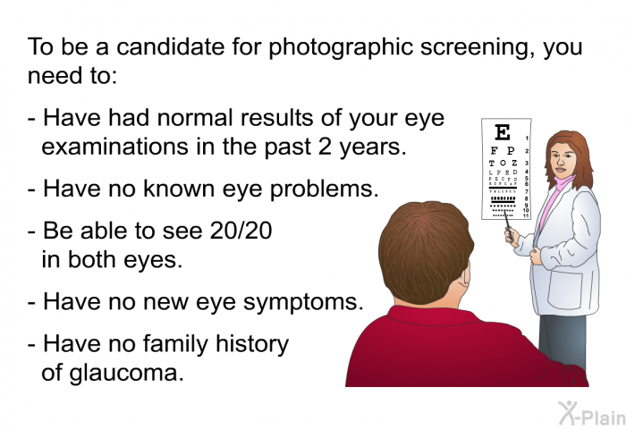 To be a candidate for photographic screening, you need to:  Have had normal results of your eye examinations in the past 2 years. Have no known eye problems. Be able to see 20/20 in both eyes. Have no new eye symptoms. Have no family history of glaucoma.
