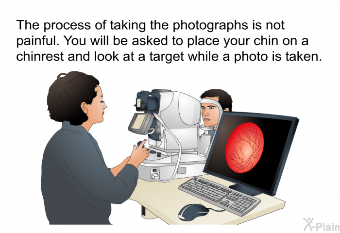 The process of taking the photographs is not painful. You will be asked to place your chin on a chinrest and look at a target while a photo is taken.