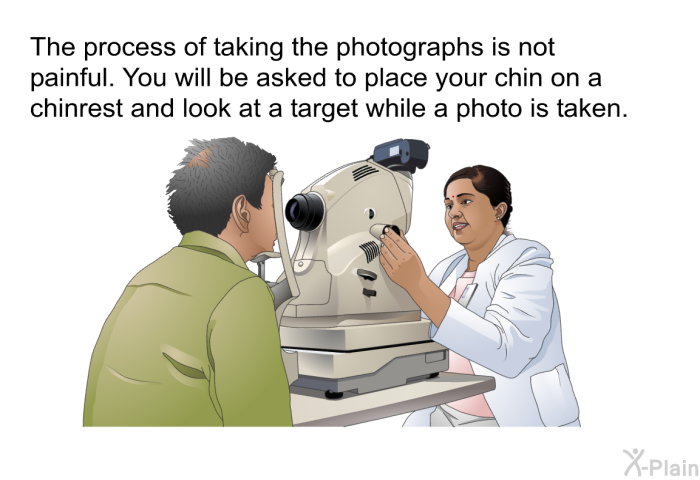 The process of taking the photographs is not painful. You will be asked to place your chin on a chinrest and look at a target while a photo is taken.