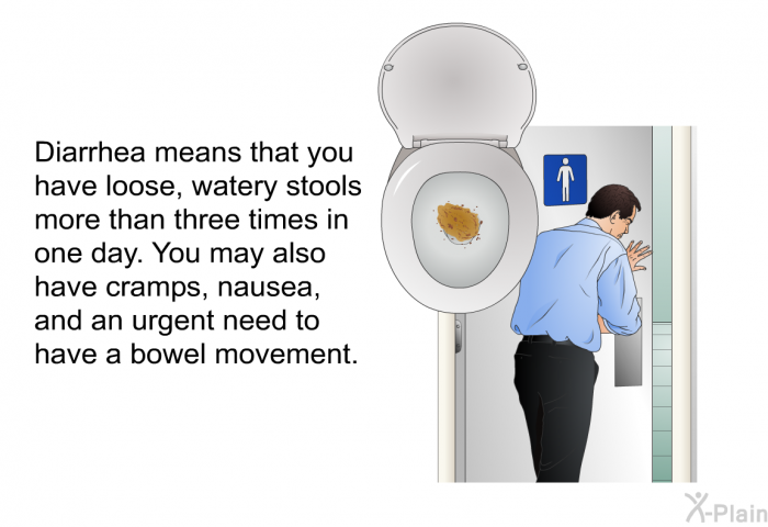 Diarrhea means that you have loose, watery stools more than three times in one day. You may also have cramps, nausea, and an urgent need to have a bowel movement.