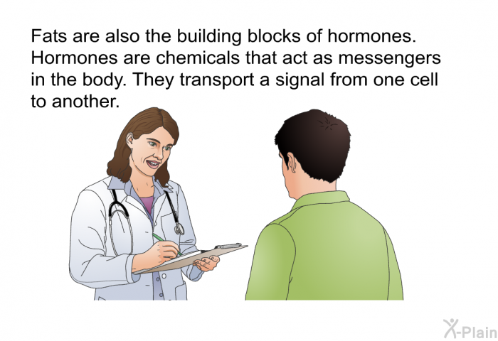 Fats are also the building blocks of hormones. Hormones are chemicals that act as messengers in the body. They transport a signal from one cell to another.