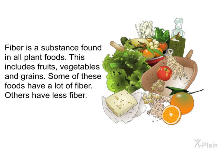 Fiber is a substance found in all plant foods. This includes fruits, vegetables and grains. Some of these foods have a lot of fiber. Others have less fiber.