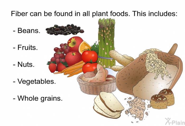 Fiber can be found in all plant foods. This includes:  Beans. Fruits. Nuts. Vegetables. Whole grains.