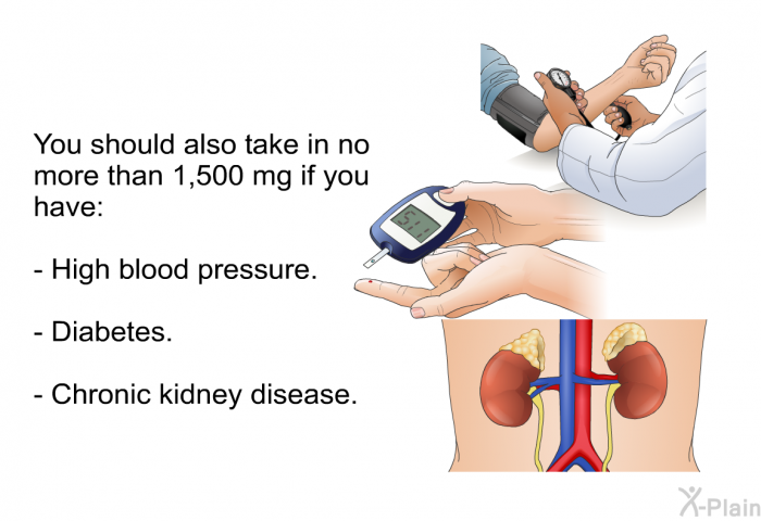 You should also take in no more than 1,500 mg if you have:  High blood pressure. Diabetes. Chronic kidney disease.