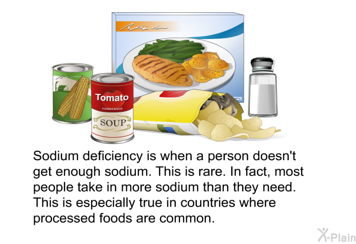 Sodium deficiency is when a person doesn't get enough sodium. This is rare. In fact, most people take in more sodium than they need. This is especially true in countries where processed foods are common.