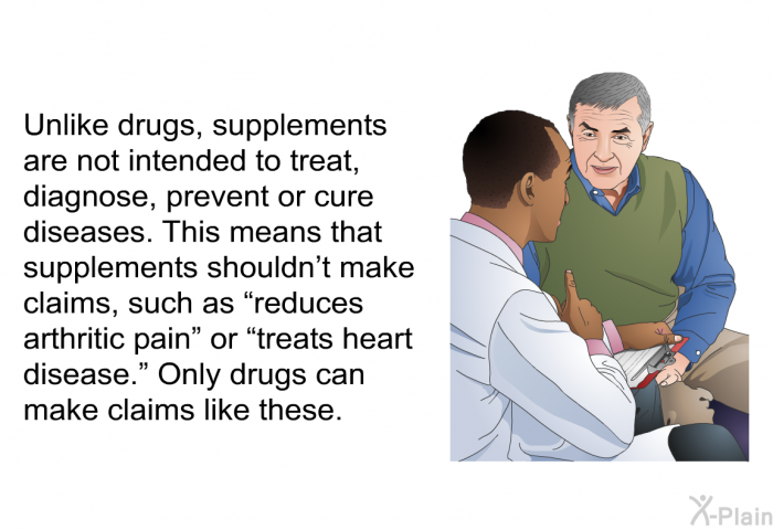 Unlike drugs, supplements are not intended to treat, diagnose, prevent or cure diseases. This means that supplements shouldn't make claims, such as “reduces arthritic pain” or “treats heart disease.” Only drugs can make claims like these.