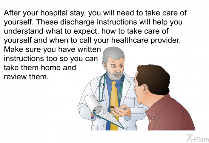 After your hospital stay, you will need to take care of yourself. These discharge instructions will help you understand what to expect, how to take care of yourself and when to call your healthcare provider. Make sure you have written instructions too so you can take them home and review them.