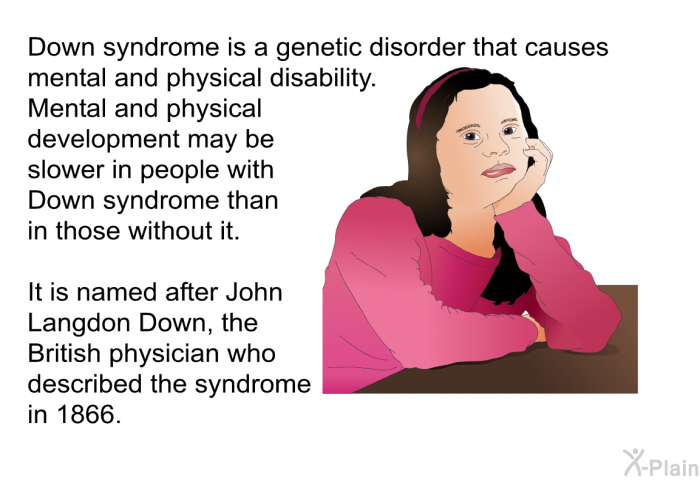 Down syndrome is a genetic disorder that causes mental and physical disability. Mental and physical development may be slower in people with Down syndrome than in those without it. It is named after John Langdon Down, the British physician who described the syndrome in 1866.