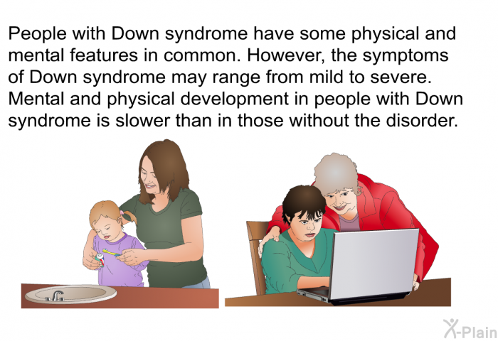 People with Down syndrome have some physical and mental features in common. However, the symptoms of Down syndrome may range from mild to severe. Mental and physical development in people with Down syndrome is slower than in those without the disorder.