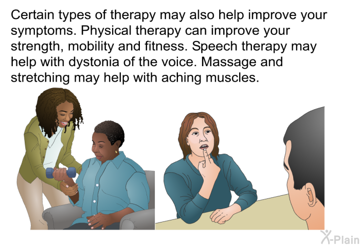 Certain types of therapy may also help improve your symptoms. Physical therapy can improve your strength, mobility and fitness. Speech therapy may help with dystonia of the voice. Massage and stretching may help with aching muscles.