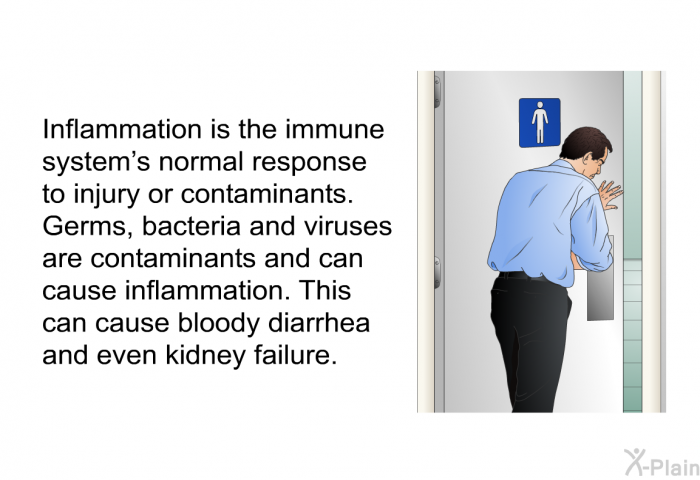 Inflammation is the immune system's normal response to injury or contaminants. Germs, bacteria and viruses are contaminants and can cause inflammation. This can cause bloody diarrhea and even kidney failure.