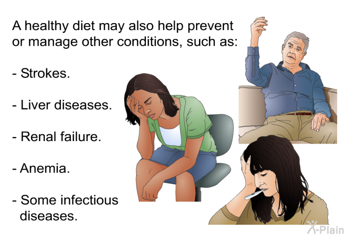 A healthy diet may also help prevent or manage other conditions, such as:  Strokes. Liver diseases. Renal failure. Anemia. Some infectious diseases.