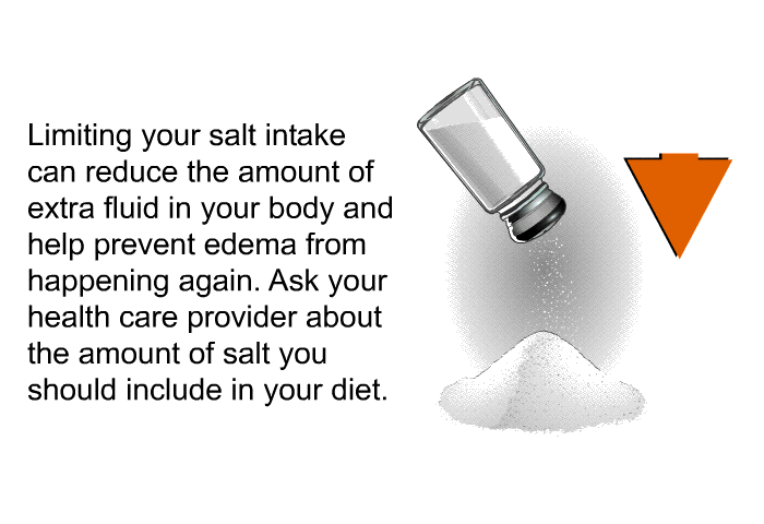 Limiting your salt intake can reduce the amount of extra fluid in your body and help prevent edema from happening again. Ask your health care provider about the amount of salt you should include in your diet.