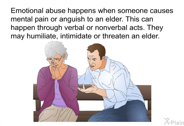 Emotional abuse happens when someone causes mental pain or anguish to an elder. This can happen through verbal or nonverbal acts. They may humiliate, intimidate or threaten an elder.