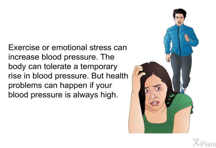 Exercise or emotional stress can increase blood pressure. The body can tolerate a temporary rise in blood pressure. But health problems can happen if your blood pressure is always high.