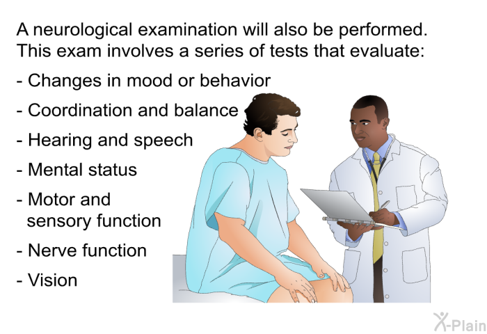 A neurological examination will also be performed. This exam involves a series of tests that evaluate:  Changes in mood or behavior Coordination and balance Hearing and speech Mental status Motor and sensory function Nerve function Vision