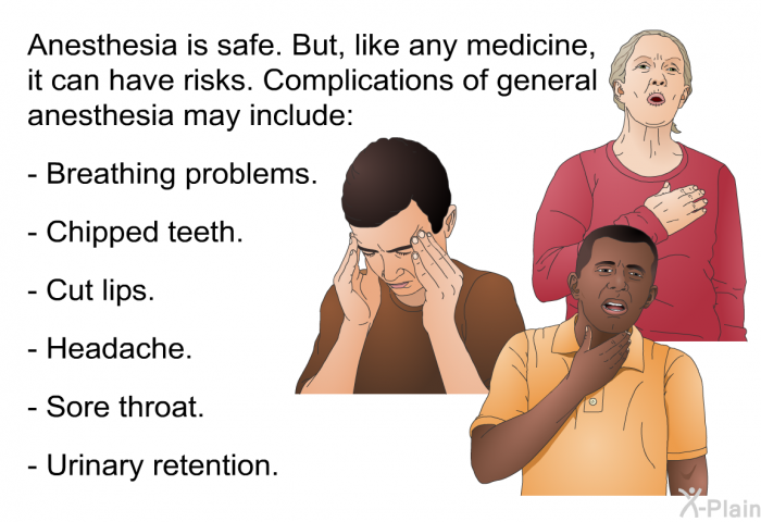Anesthesia is safe. But, like any medicine, it can have risks. Complications of general anesthesia may include:  Breathing problems. Chipped teeth. Cut lips. Headache. Sore throat. Urinary retention.