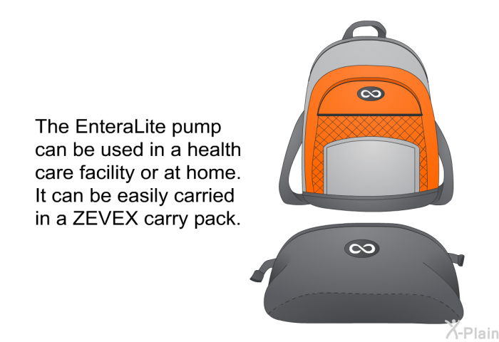 The EnteraLite pump can be used in a health care facility or at home. It can be easily carried in a ZEVEX carry pack.