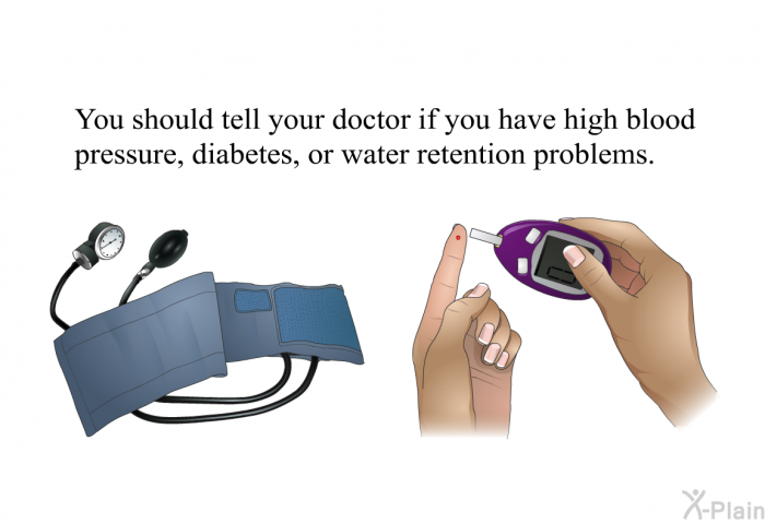 You should tell your doctor if you have high blood pressure, diabetes, or water retention problems.