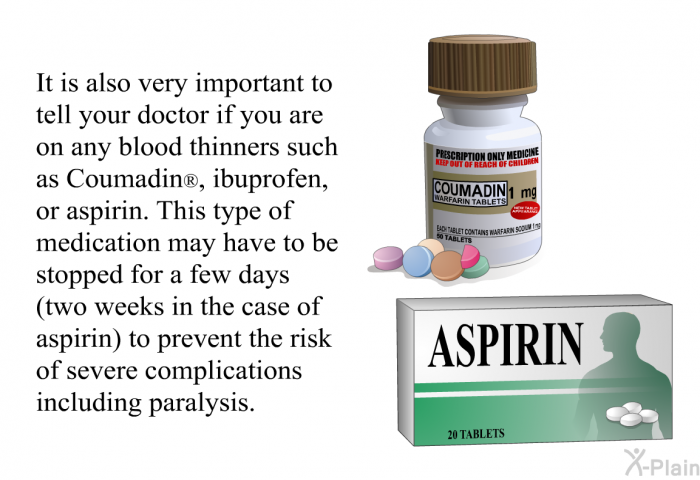 It is also very important to tell your doctor if you are on any blood thinners such as Coumadin , ibuprofen, or aspirin. This type of medication may have to be stopped for a few days (two weeks in the case of aspirin) to prevent the risk of severe complications including paralysis.