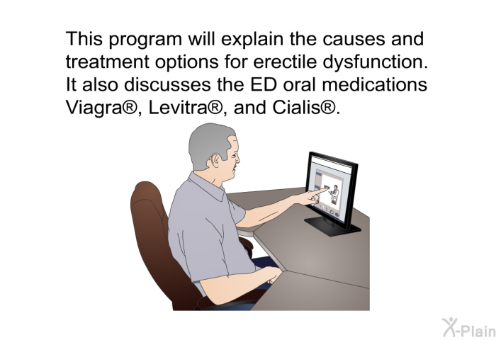 This health information will explain the causes and treatment options for erectile dysfunction. It also discusses the ED oral medications Viagra, Levitra, and Cialis.