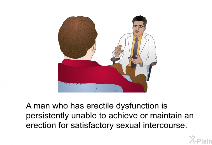 A man who has erectile dysfunction is persistently unable to achieve or maintain an erection for satisfactory sexual intercourse.