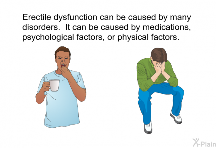 Erectile dysfunction can be caused by many disorders. It can be caused by medications, psychological factors, or physical factors.
