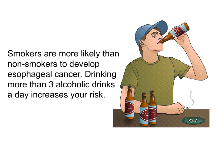 Smokers are more likely than non-smokers to develop esophageal cancer. Drinking more than 3 alcoholic drinks a day increases your risk.